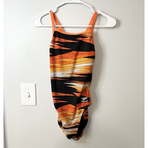 Speedo Size 6/32 Women's ENDURANCE Competitive Swimsuit Orange Black Stripe - Picture 1 of 5